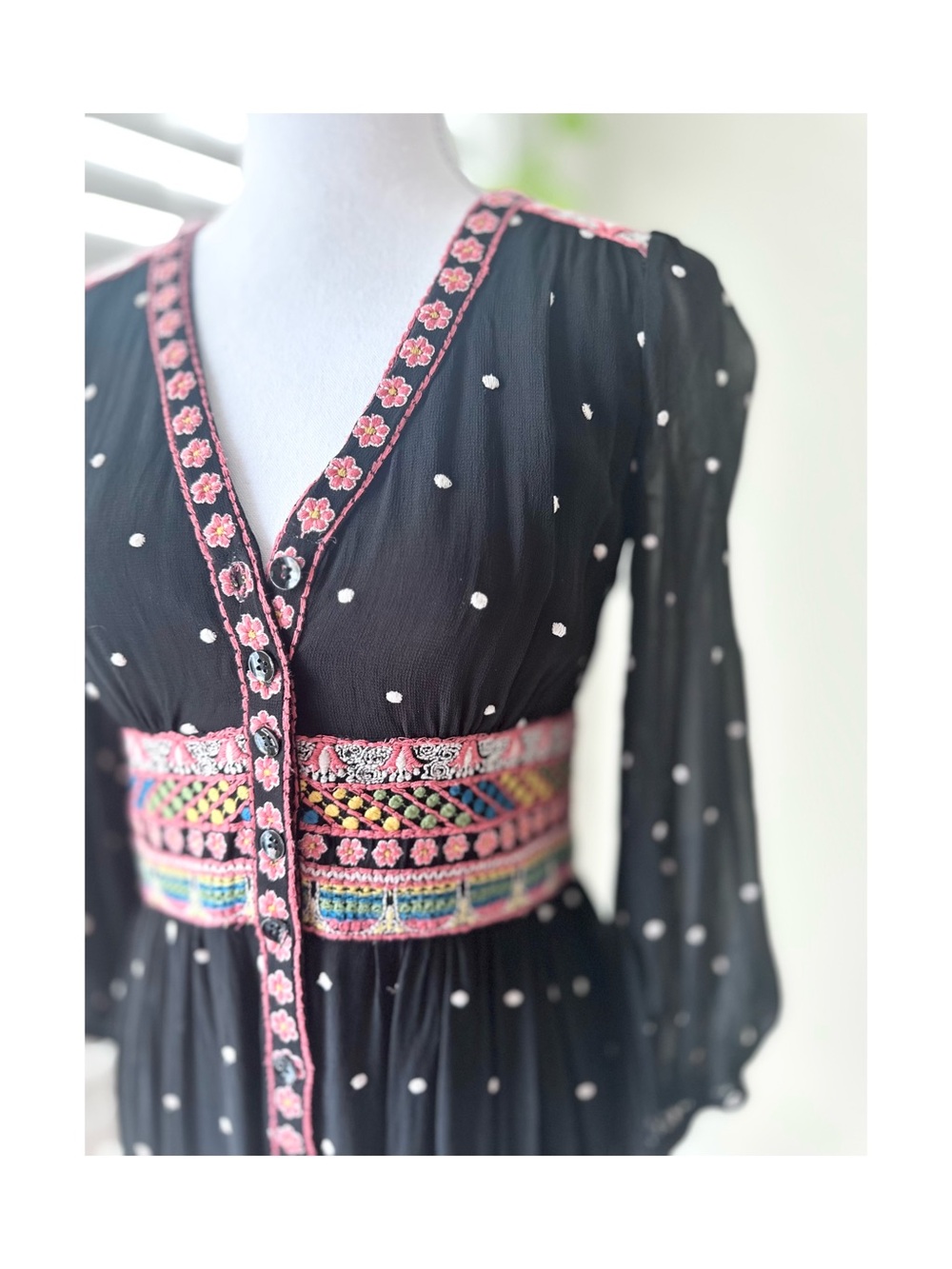 Anthropologie Black Polka Dot Midi Dress with Pink Embroidered Waist - Picture 3 of 6